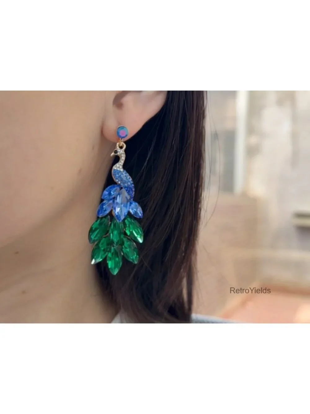 Vintage Peacock Dangle Earrings 14K Gold Plated Green Crystal Feather Statement